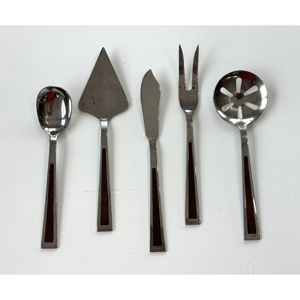 5 Vtg MCM Stanley Roberts flatware provincial‎ walnut Serving Utensil Wood Inlay